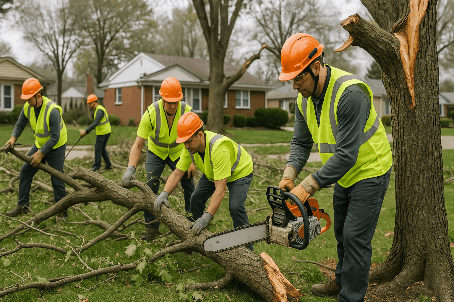 Tree service crew clearing storm-damaged trees from safe property