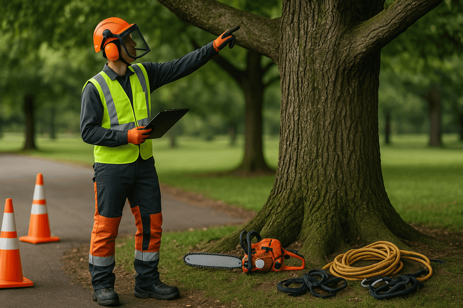 Professional arborist with safety gear preparing tree for removal