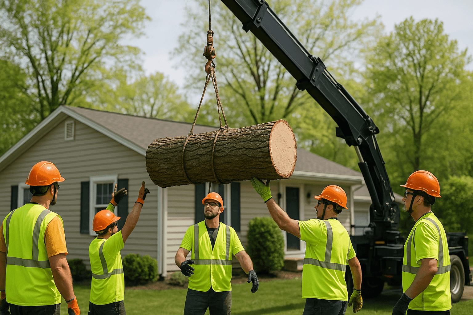 Tree removal team using crane to remove large tree safely