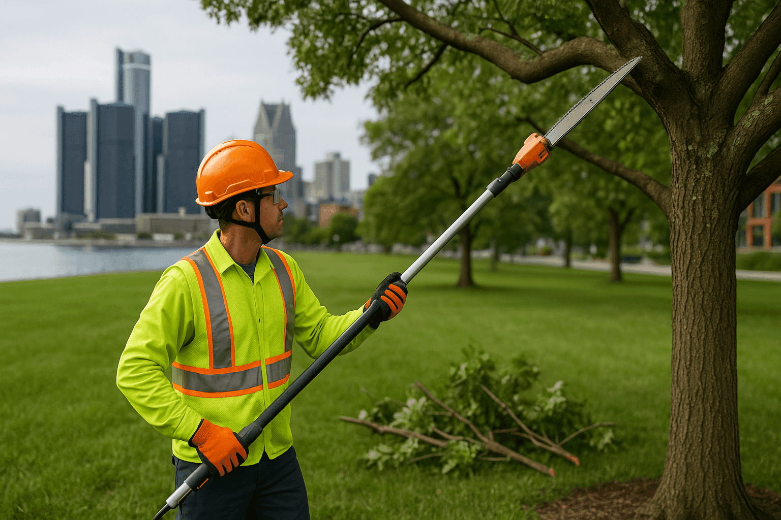 Tree care expert trimming tree branches with clean equipment